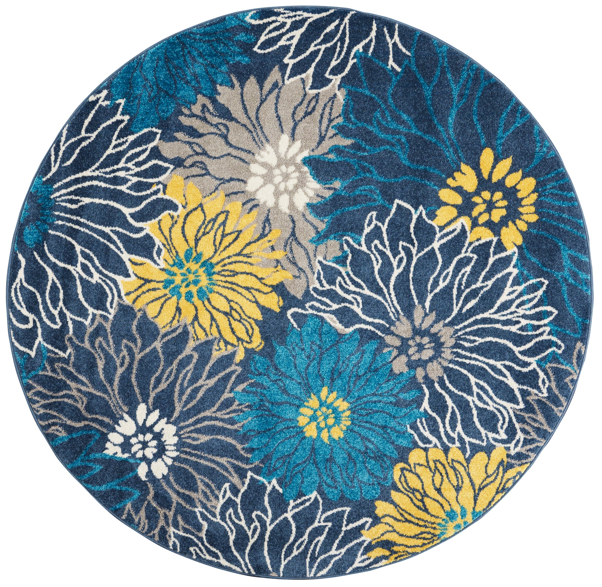 Round floral area rug with bold blue background and teal, yellow, white and gray flowers.