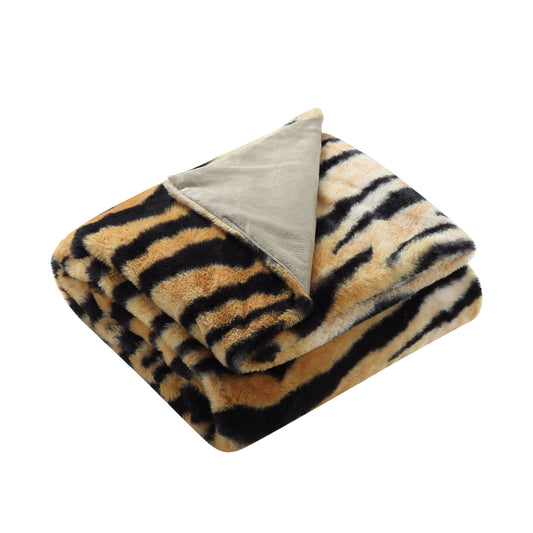 60" X 50" Beige and Ivory Knitted Polyester Animal Print Plush Throw Blanket