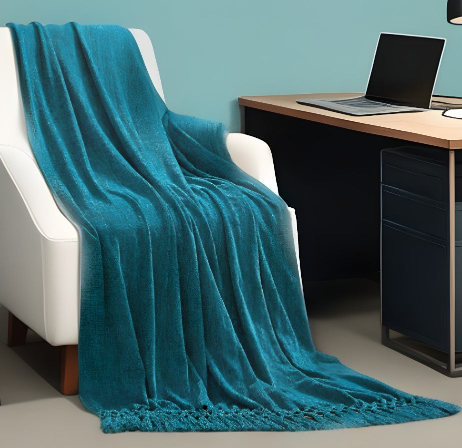 Teal Blue Woven Polyester Solid Color Throw Blanket