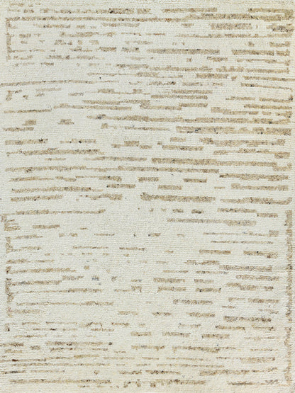 Rectangular cream rug with subtle taupe linear distressed stripes and plush textured surface; modern minimalist style.