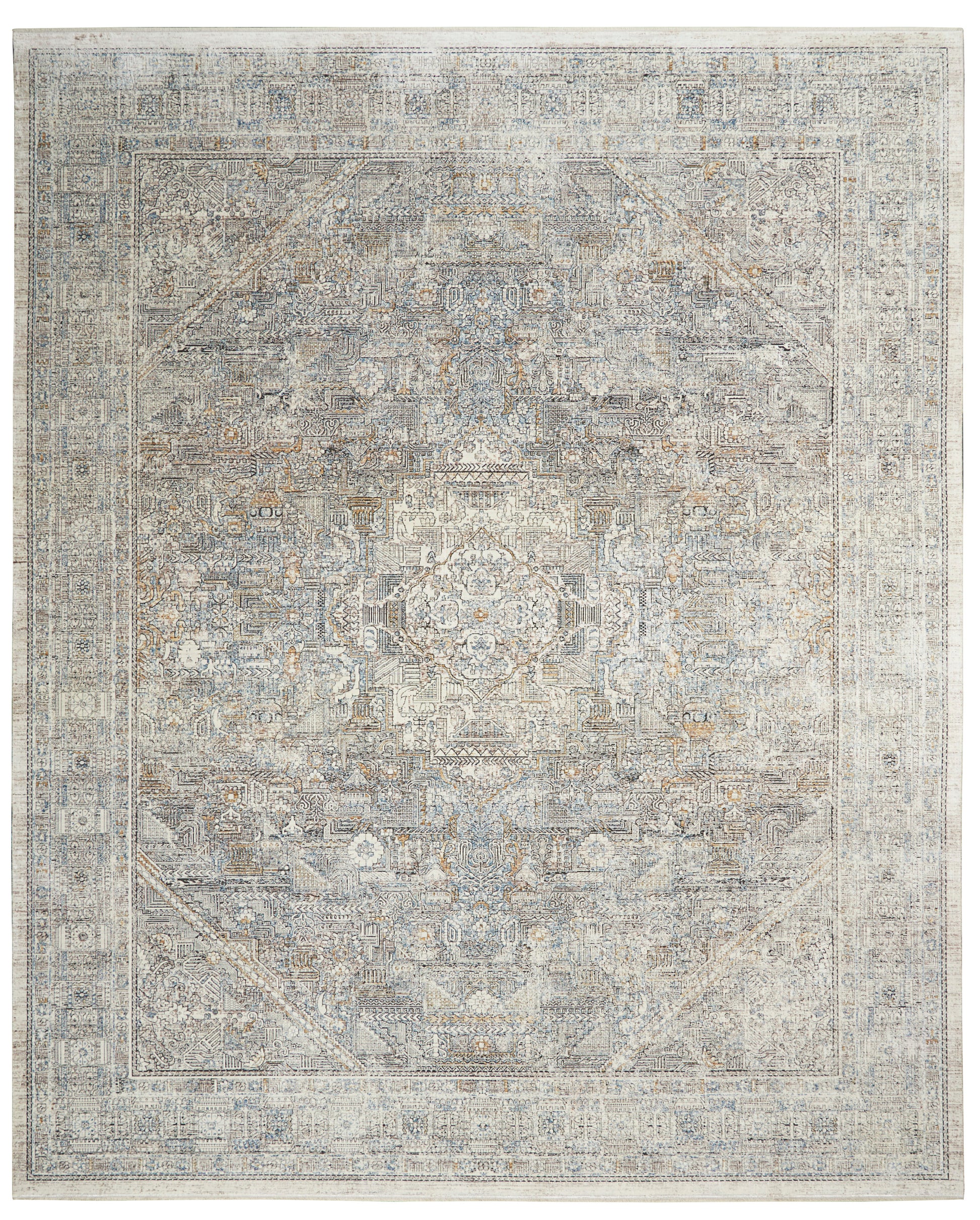 Rectangular distressed blue-gray oriental rug with central medallion, ivory floral motifs, and multiple borders.