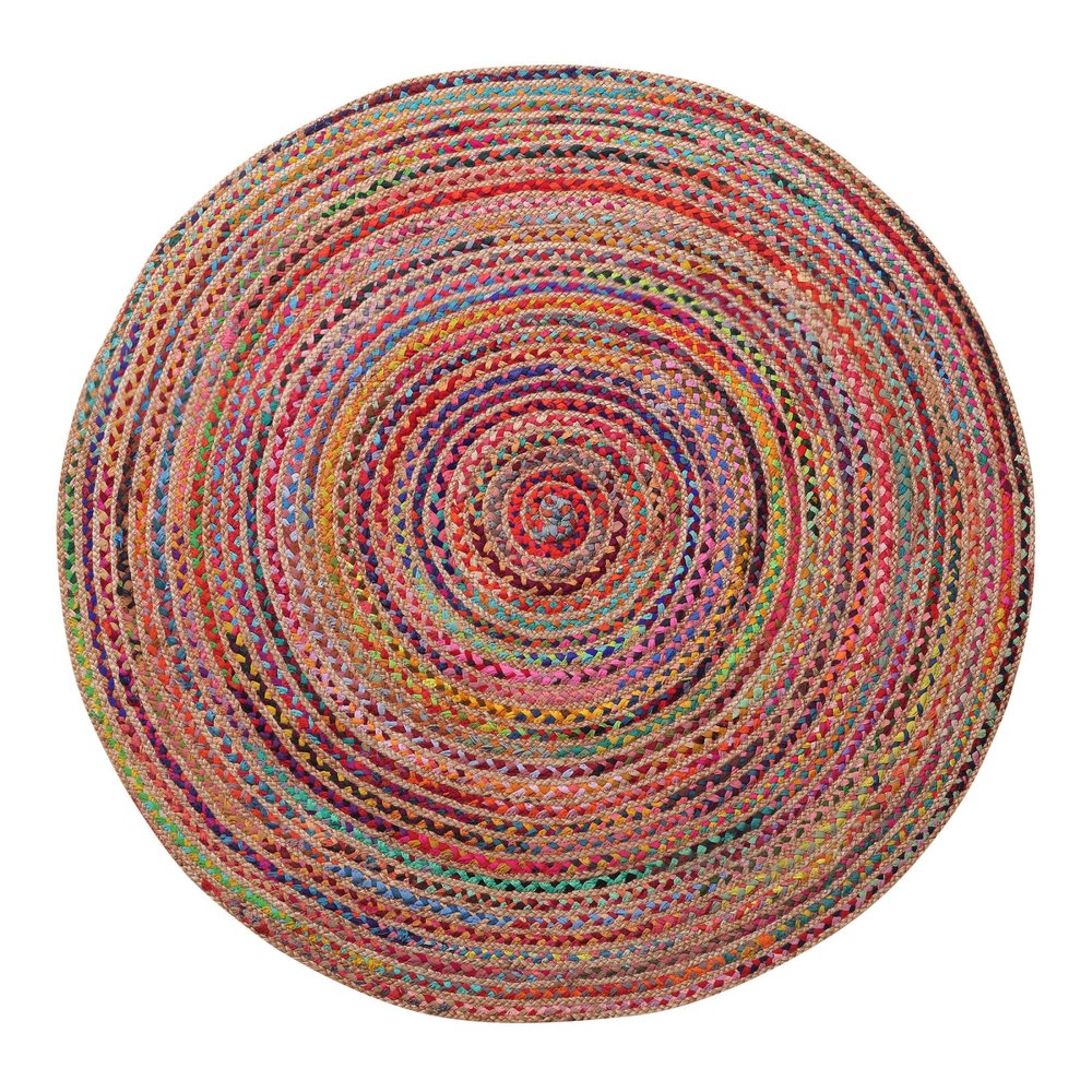 3' Tan Geometric Shag Hand Braided Round Rug