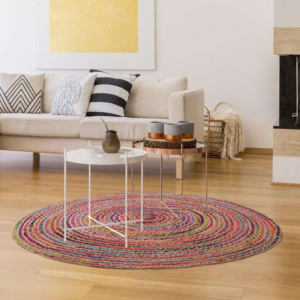 7' Tan Round Geometric Hand Braided Area Rug