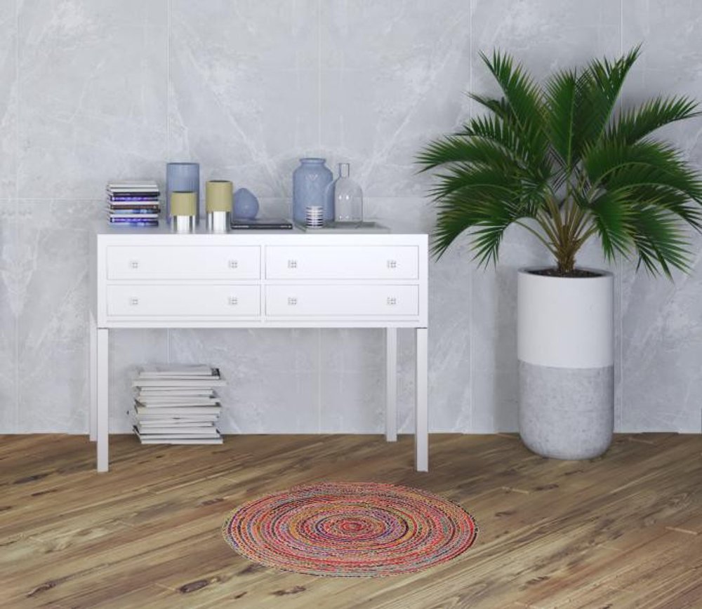 7' Tan Round Geometric Hand Braided Area Rug