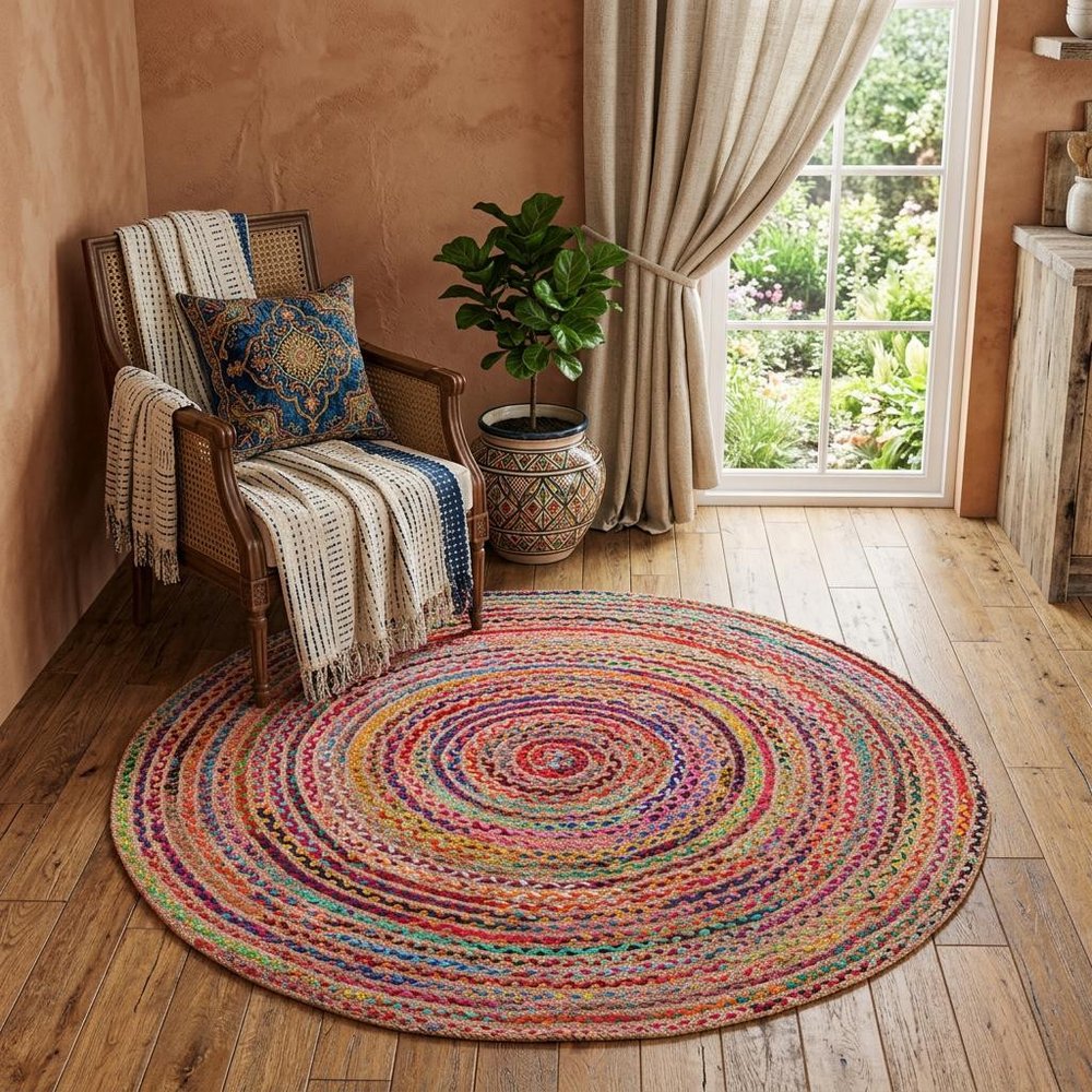 3' Tan Geometric Shag Hand Braided Round Rug