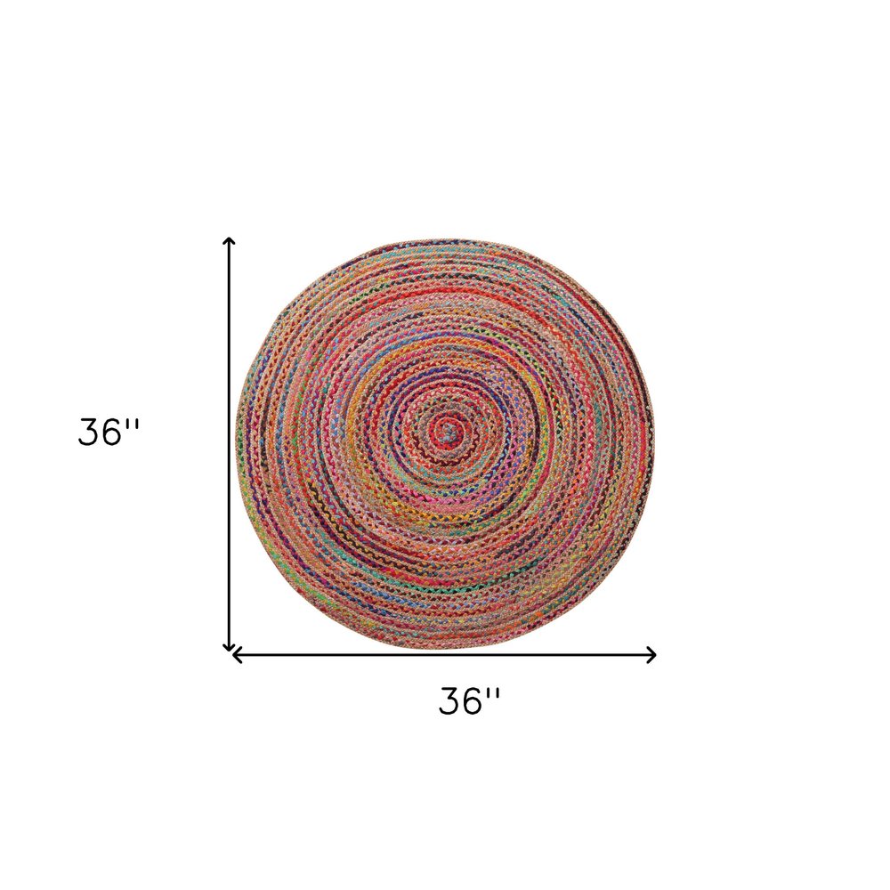 3' Tan Geometric Shag Hand Braided Round Rug