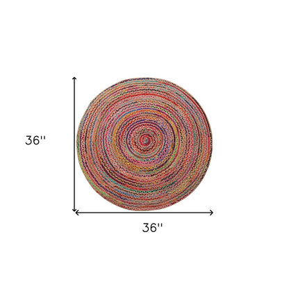 3' Tan Geometric Shag Hand Braided Round Rug