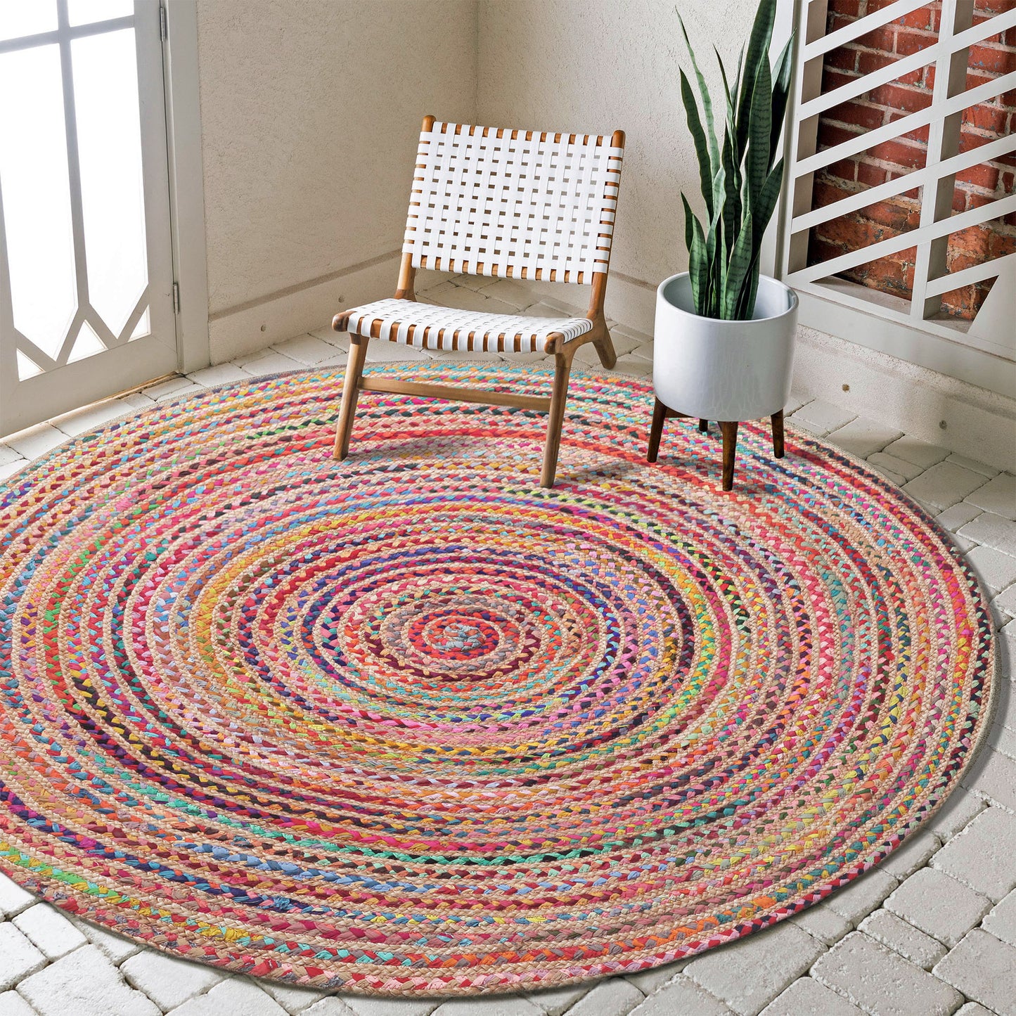 3' Round Tan Round Geometric Hand Braided Area Rug