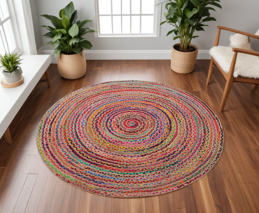 3' Round Tan Round Geometric Hand Braided Area Rug