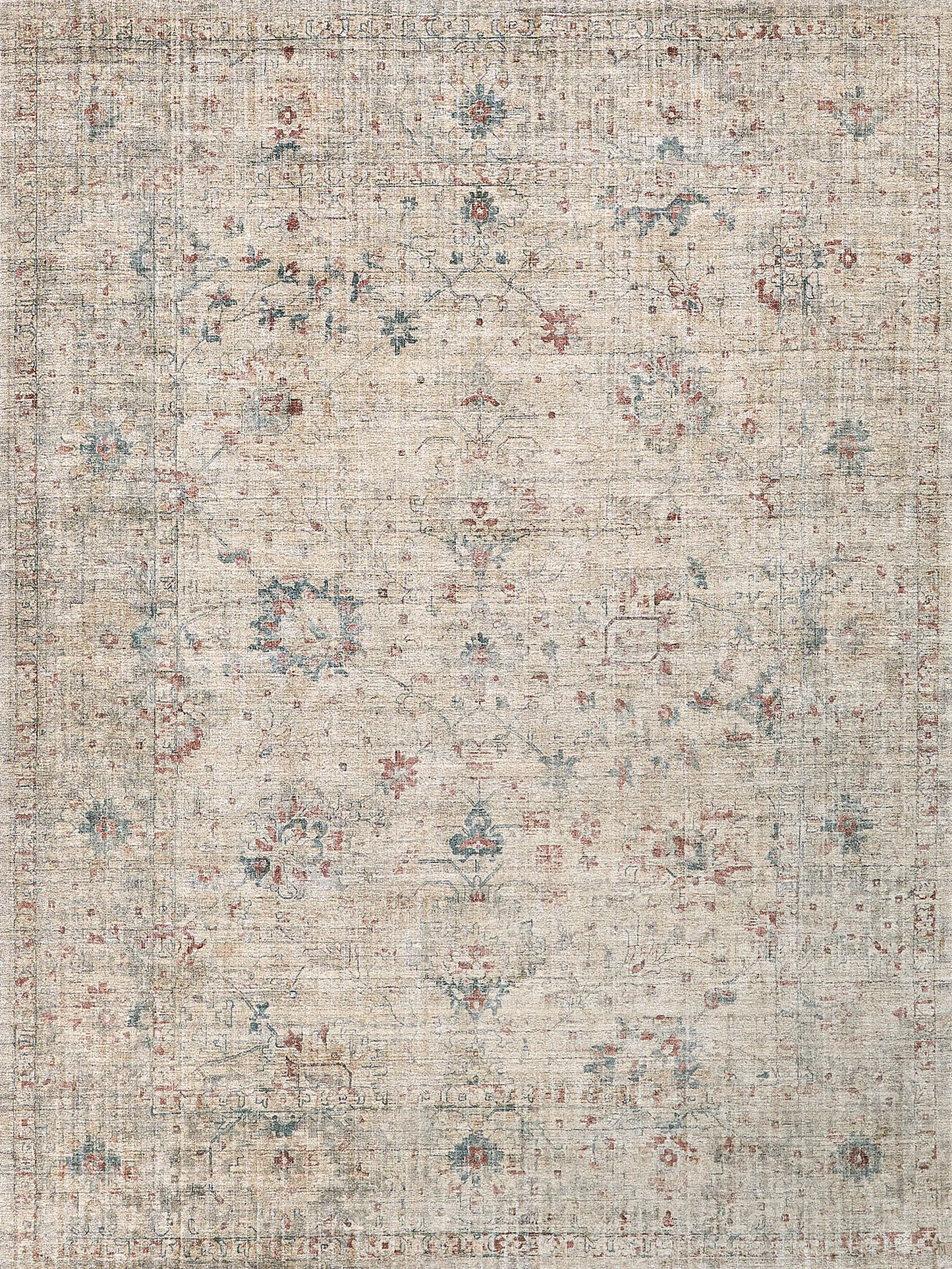 Beige distressed oriental area rug with faded red and blue floral motifs.