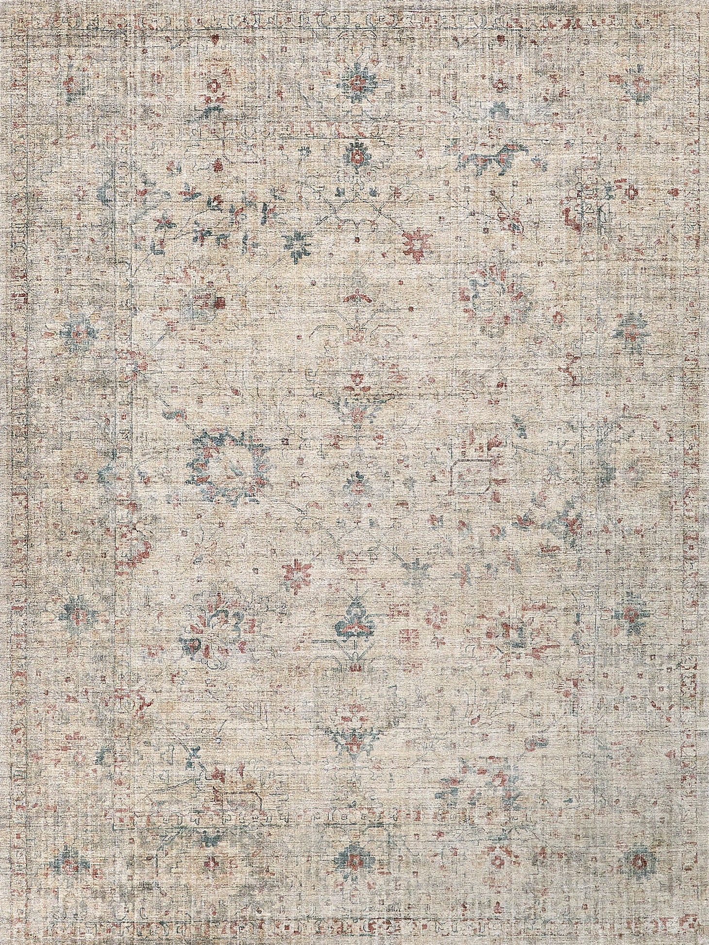 Beige distressed oriental area rug with faded red and blue floral motifs.