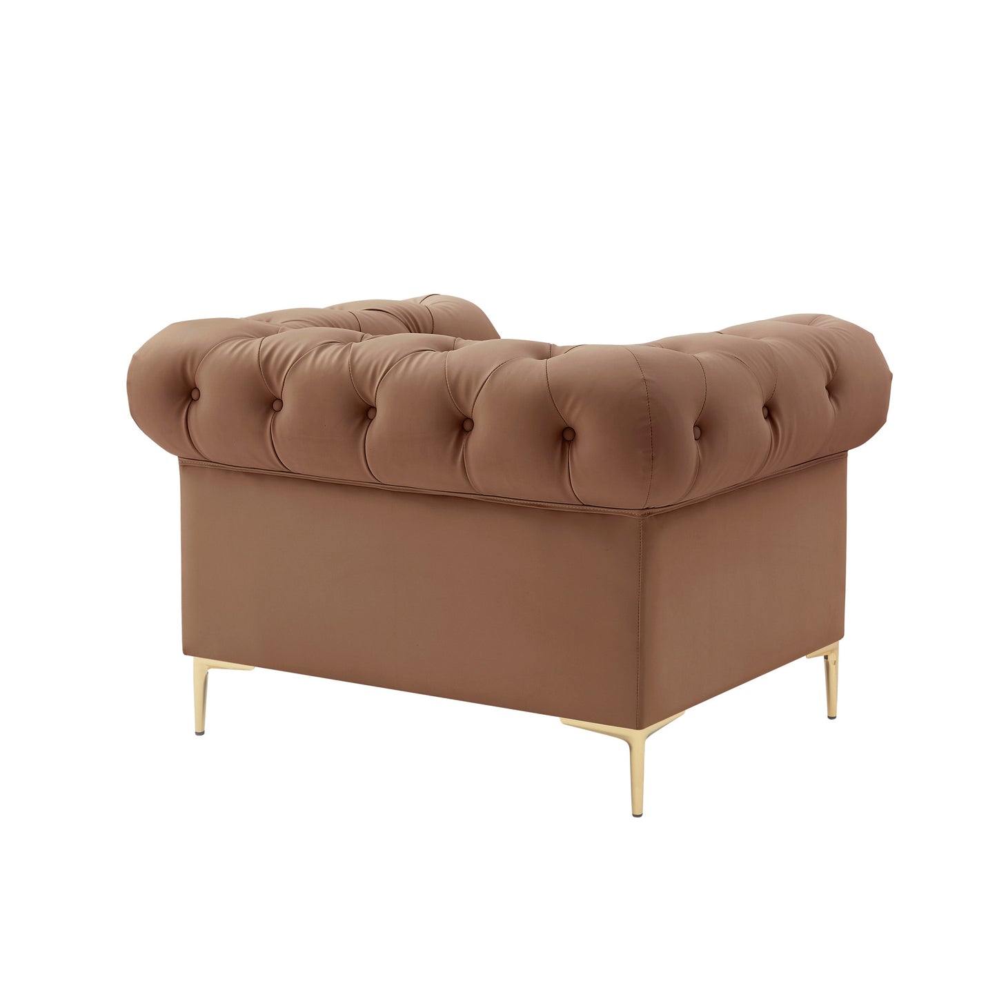 34" Camel And Gold Faux leather Tufted Chesterfield Chair