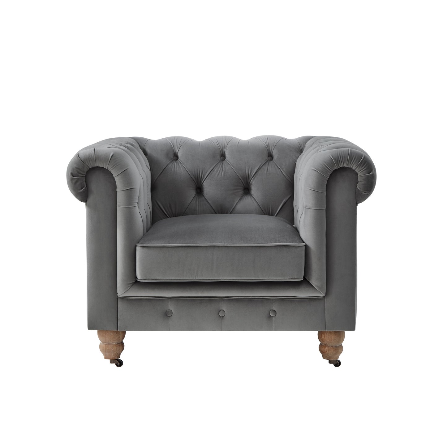 34" Dark Gray And Brown Velvet Tufted Chesterfield Chair