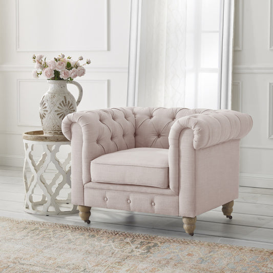 34" Pink And Brown Linen Tufted Chesterfield Chair