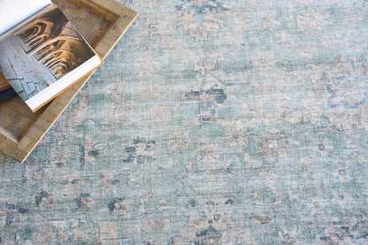 Blue distressed oriental rug with beige floral motifs; open book and decorative brown boxes stacked at left.