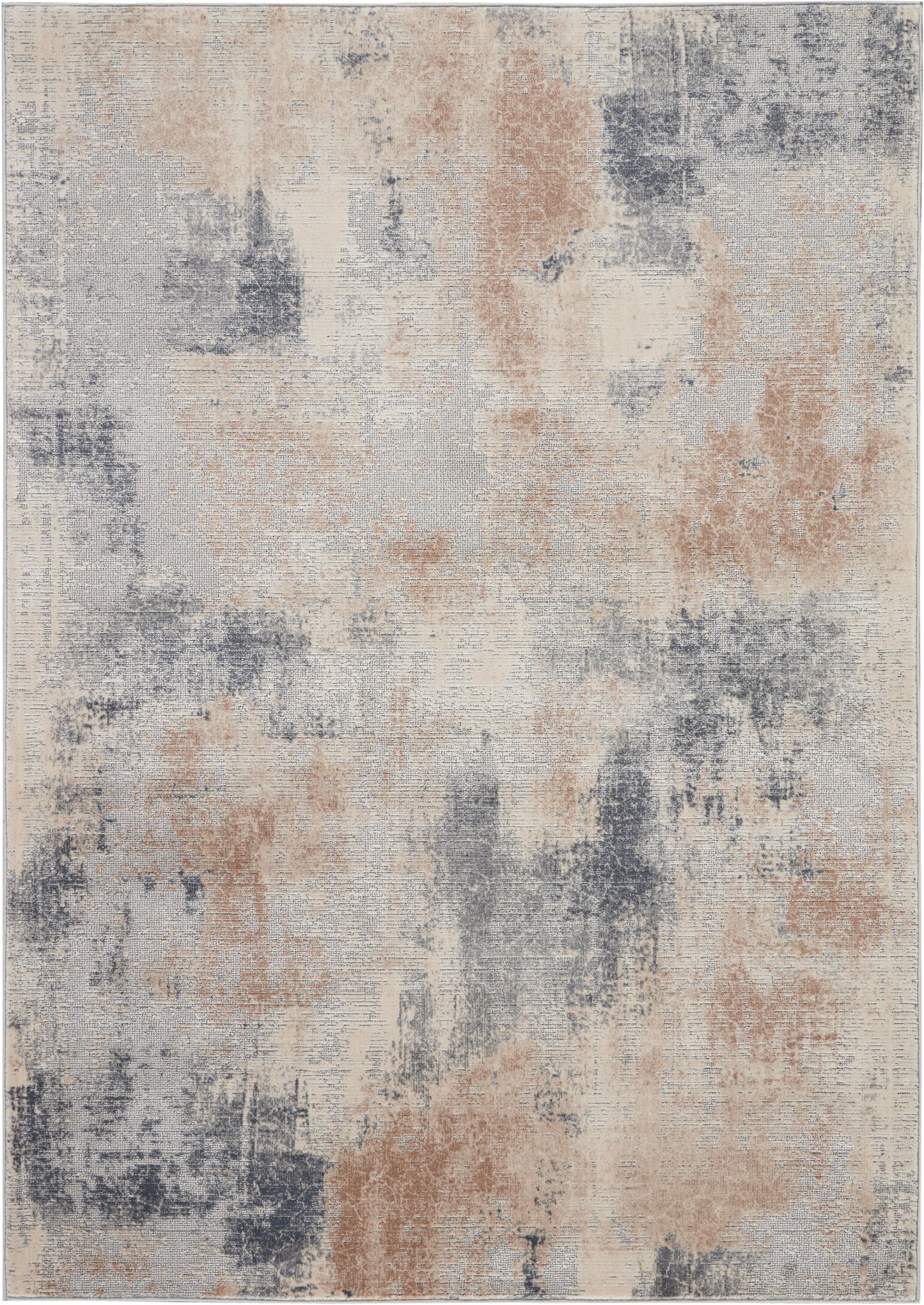 Abstract distressed area rug with beige, gray and rust patches in a washed, painterly pattern.