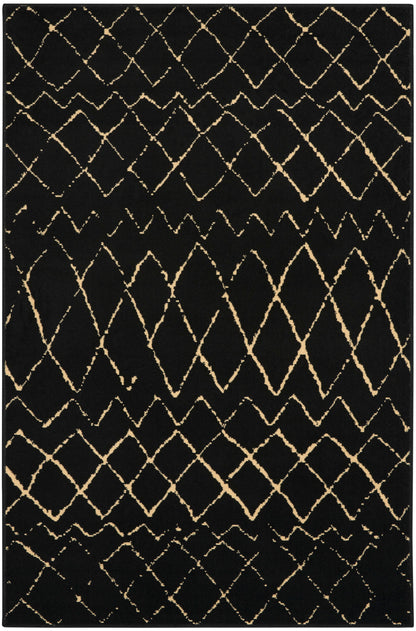 Black rectangular rug with a metallic gold diamond lattice pattern, modern geometric style.