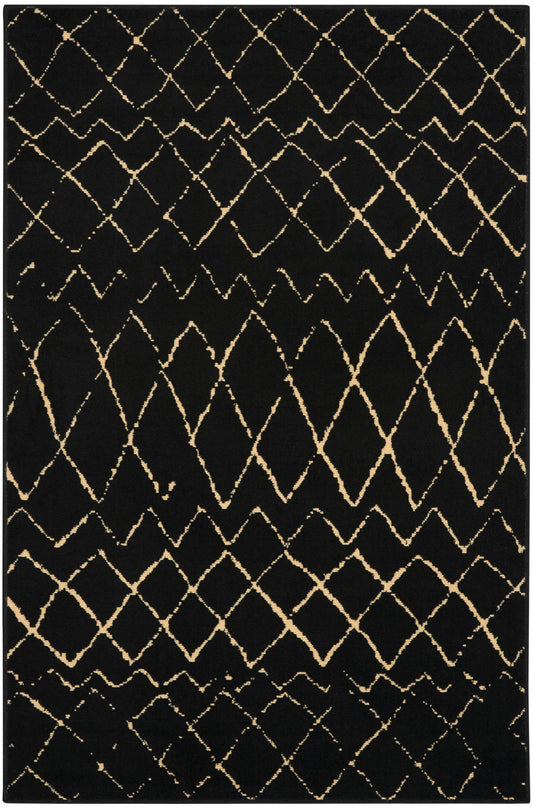 Black rectangular rug with a metallic gold diamond lattice pattern, modern geometric style.