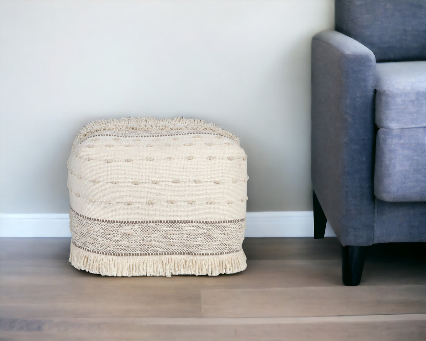 18" Cream Cotton Striped Pouf Ottoman