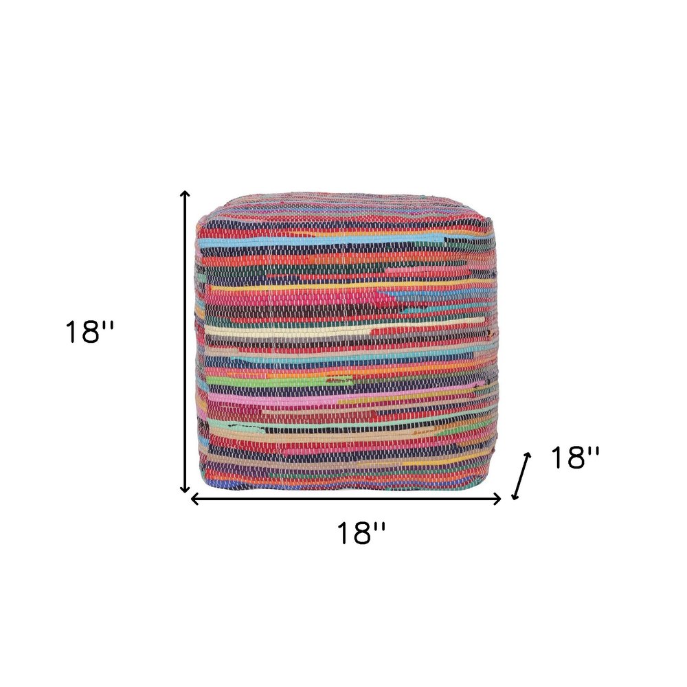 18" Red And Black Cotton Cube Striped Pouf Ottoman