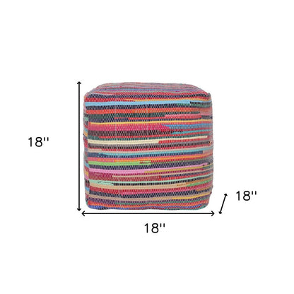 18" Red And Black Cotton Cube Striped Pouf Ottoman