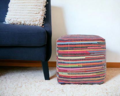 18" Red And Black Cotton Cube Striped Pouf Ottoman