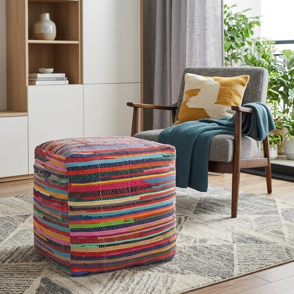 18" Red And Black Cotton Cube Striped Pouf Ottoman