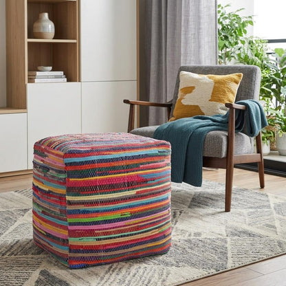 18" Red And Black Cotton Cube Striped Pouf Ottoman