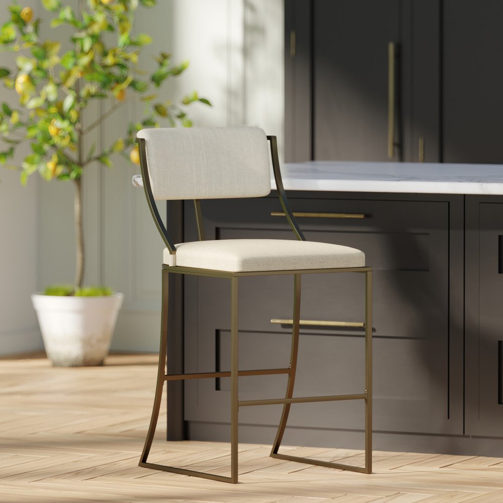 30" Beige And Antiqued Brass Steel Low Back Bar Height Bar Chair