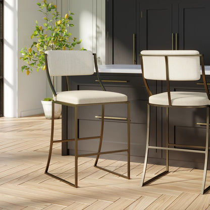 30" Beige And Antiqued Brass Steel Low Back Bar Height Bar Chair