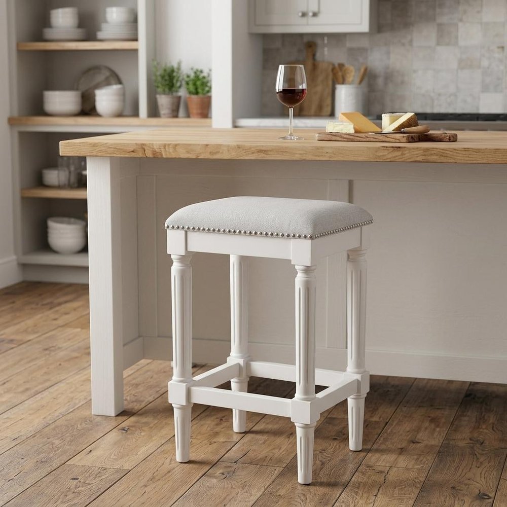 27" Gray And Antiqued White Solid Wood Backless Counter Height Bar Chair