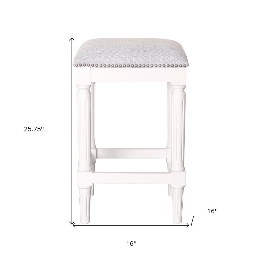 27" Gray And Antiqued White Fabric And Solid Wood Backless Counter Height Bar Chair