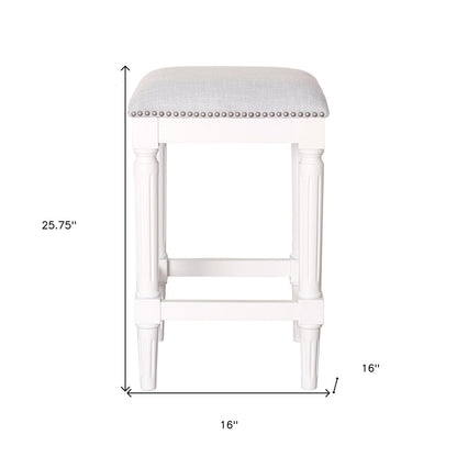 27" Gray And Antiqued White Fabric And Solid Wood Backless Counter Height Bar Chair