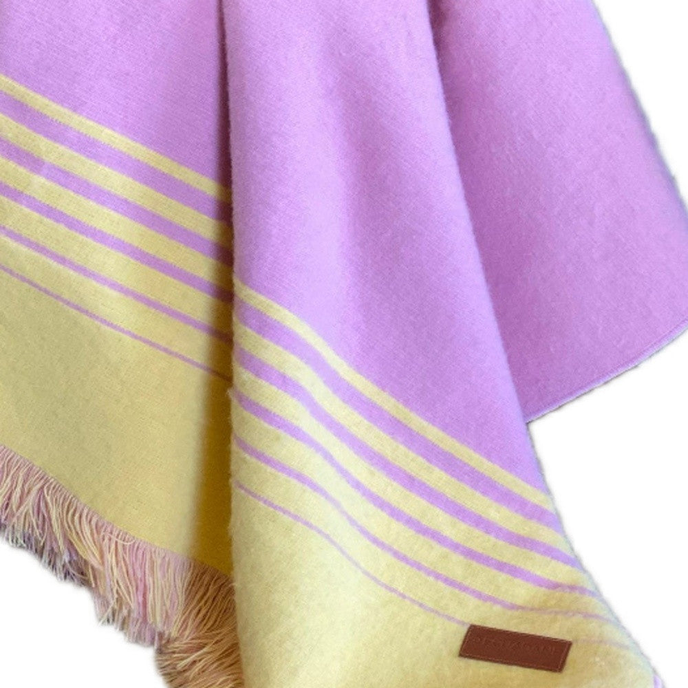 Pink and Yellow Woven Acrylic Striped Throw Blanket With Fringe