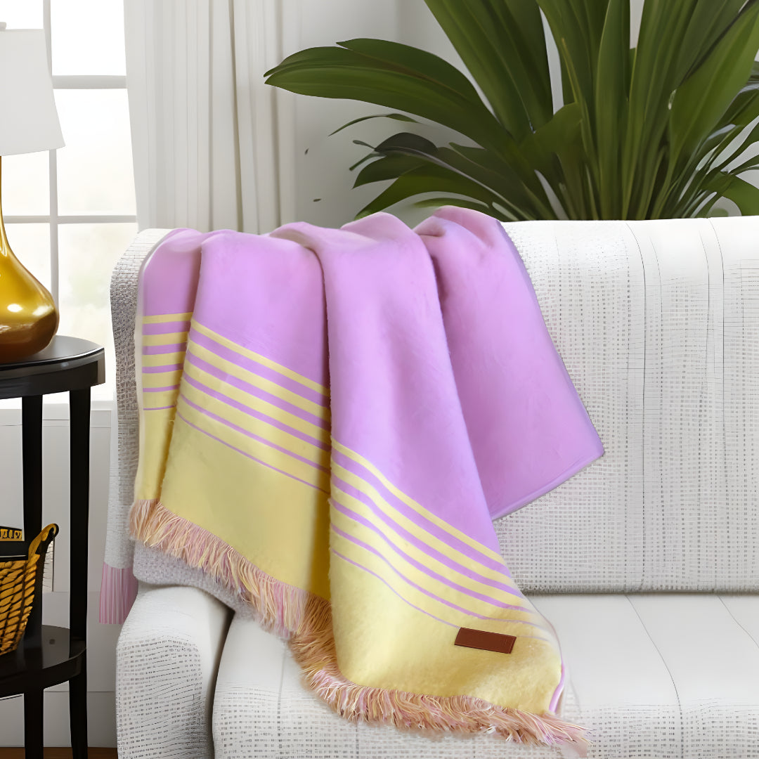 Pink and Yellow Woven Acrylic Striped Throw Blanket With Fringe