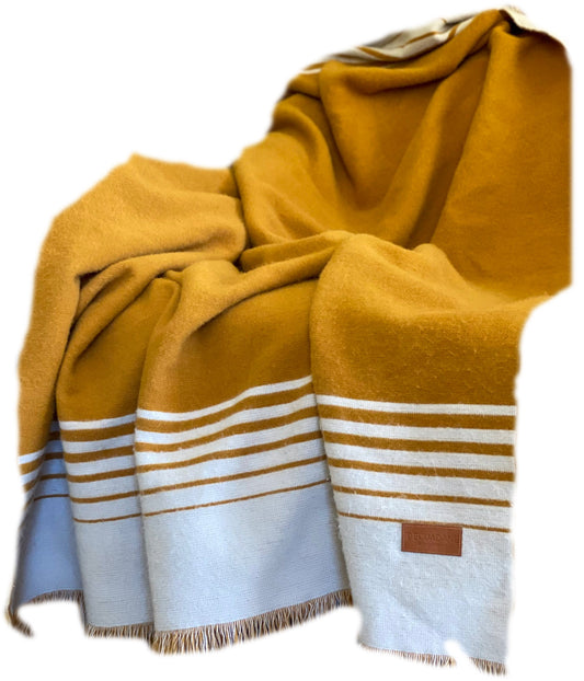 Gold and Ivory Woven Microfiber Striped Throw Blanket with Fringe