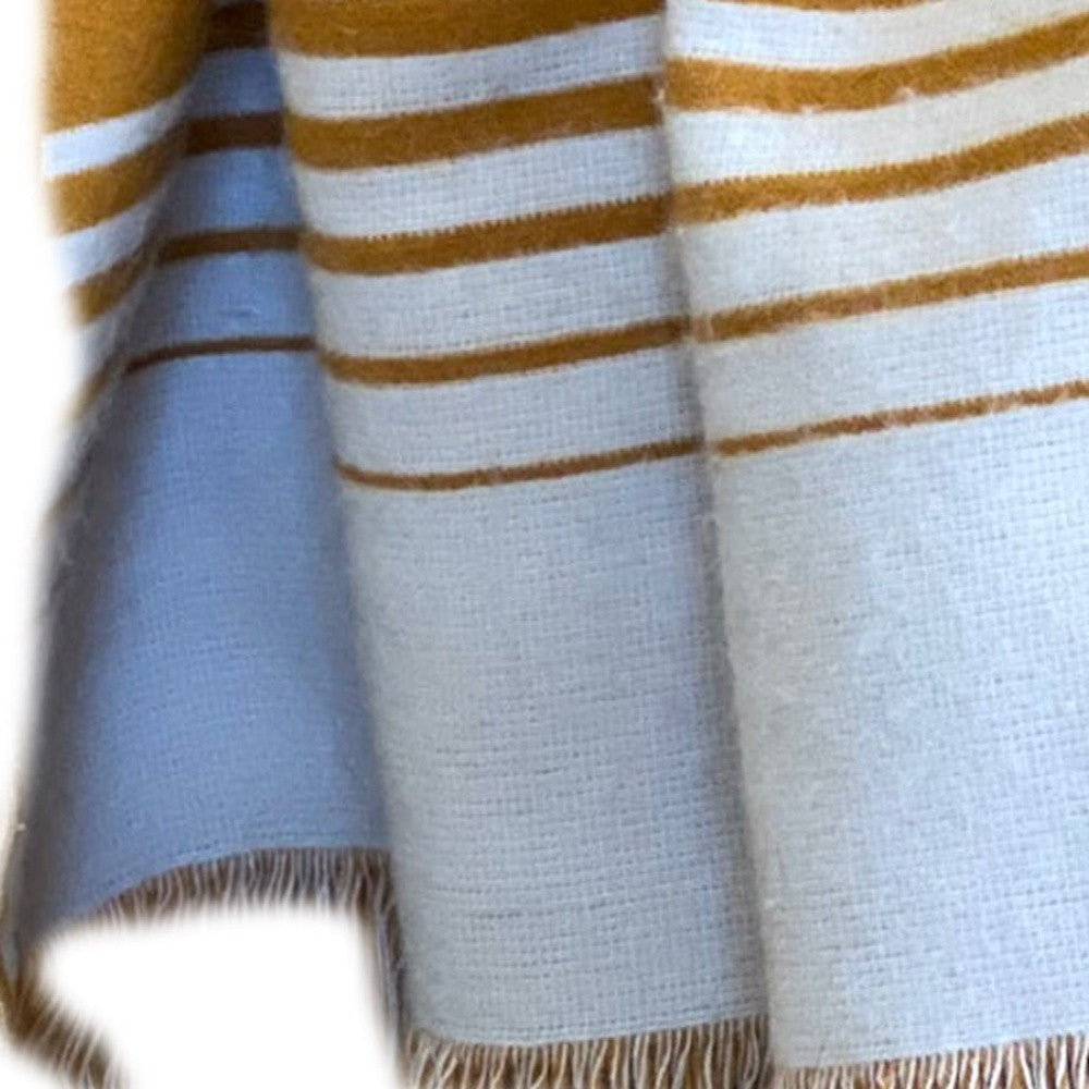 Gold and Ivory Woven Microfiber Striped Throw Blanket with Fringe