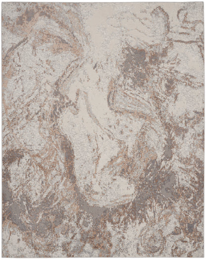 Rectangular beige-taupe area rug with abstract marbled pattern; soft textured surface for neutral living spaces.