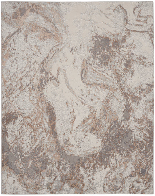 Rectangular beige-taupe area rug with abstract marbled pattern; soft textured surface for neutral living spaces.