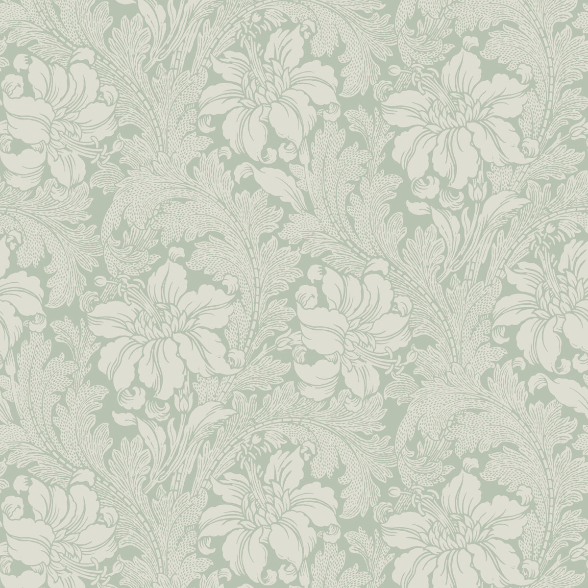 Sage green damask floral wallpaper with ivory scrolling flowers, vintage decorative wall pattern.