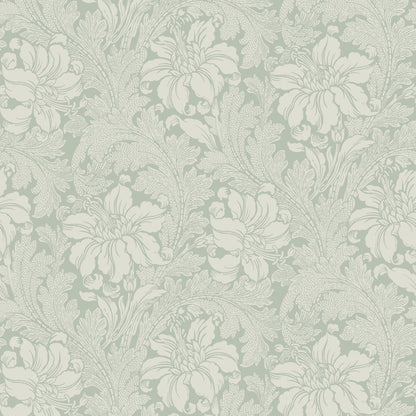 Sage green damask floral wallpaper with ivory scrolling flowers, vintage decorative wall pattern.