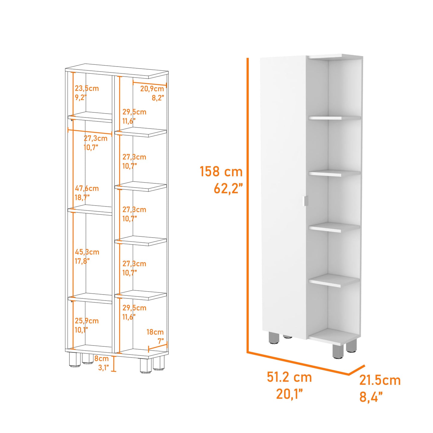 20" White Accent Cabinet With Nine Shelves