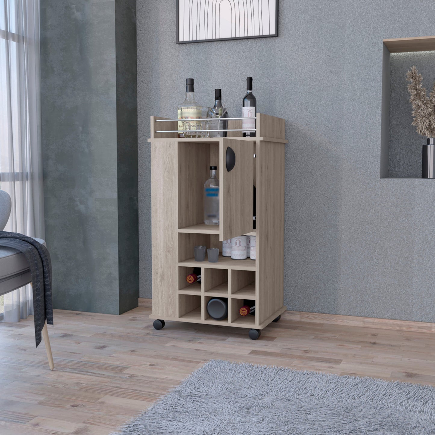 Light Gray Rolling Bar Cart With Wine Storage