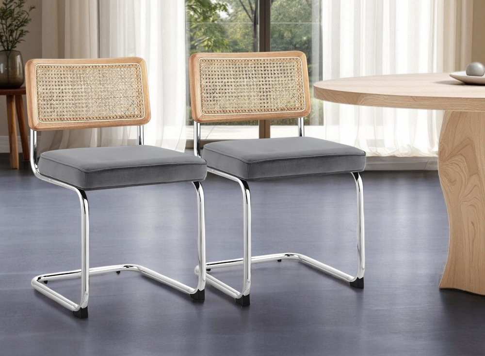 Set of Two Gray and Silver Upholstered Velvet Dining Side Chairs