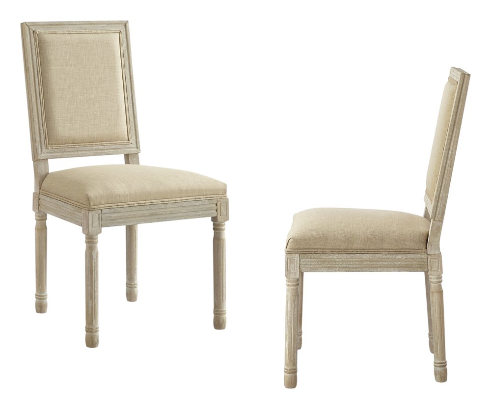 Set of Two Beige and Brown Upholstered Linen Dining Side Chairs
