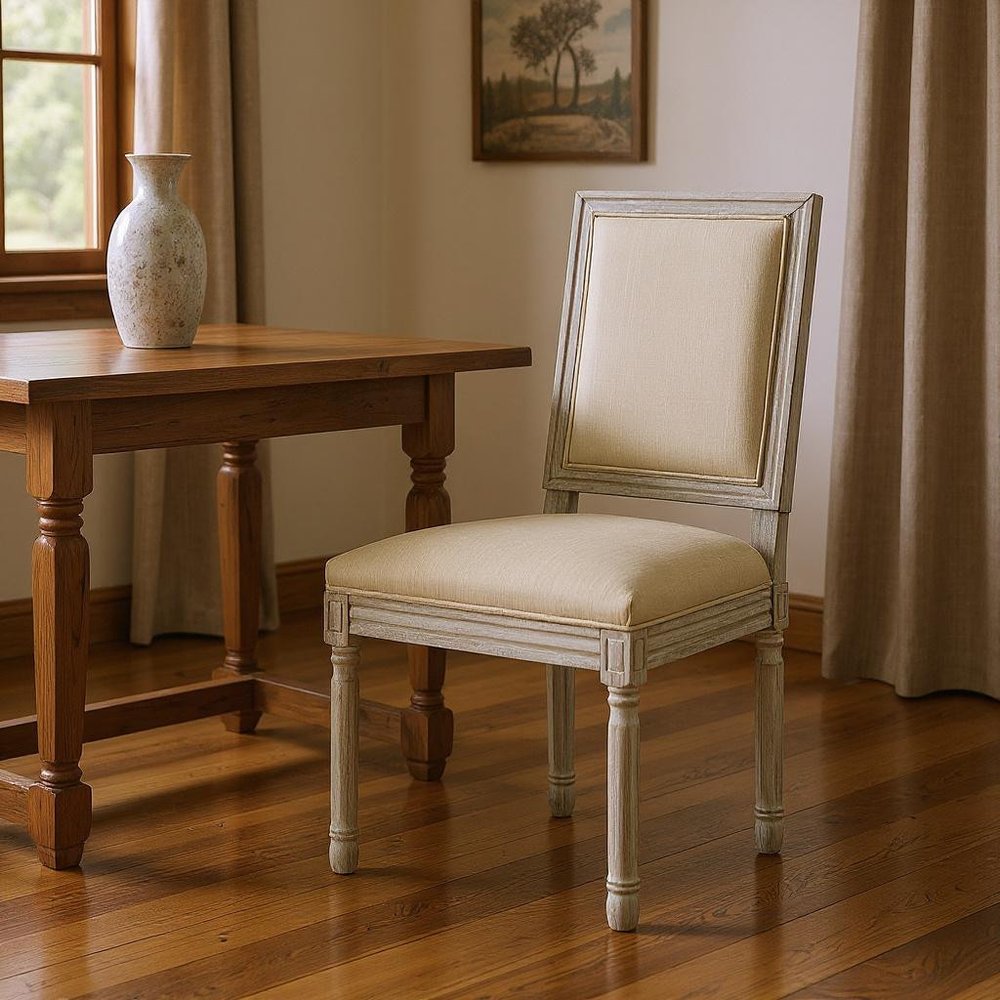 Set of Two Beige and Brown Upholstered Linen Dining Side Chairs