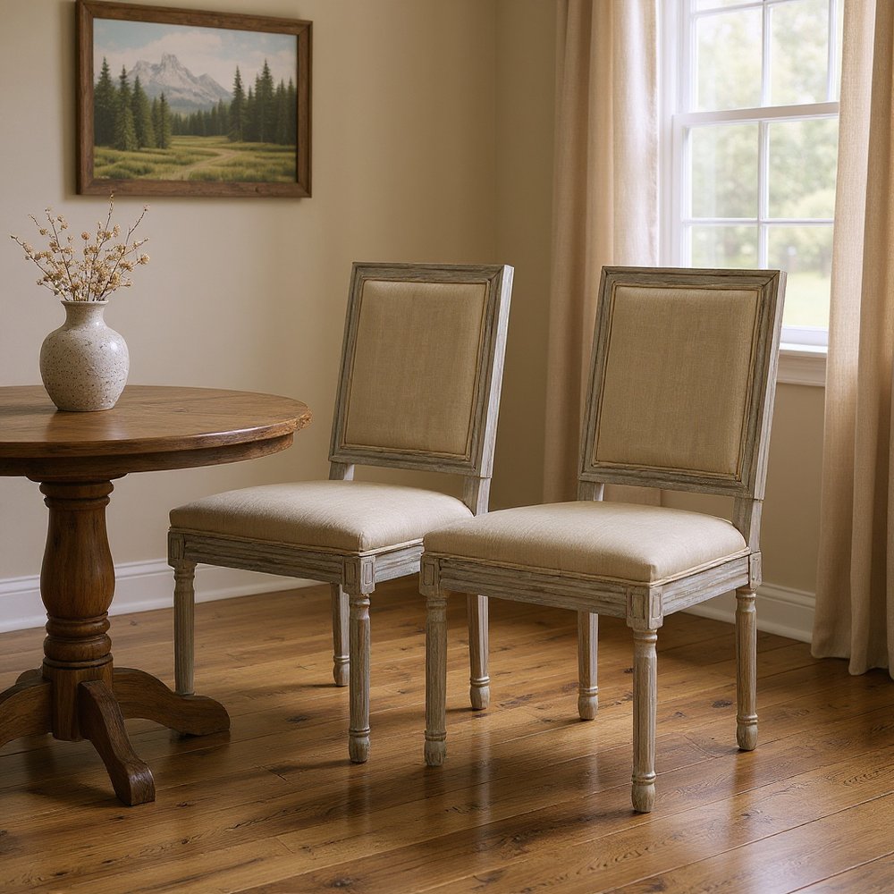 Set of Two Beige and Brown Upholstered Linen Dining Side Chairs