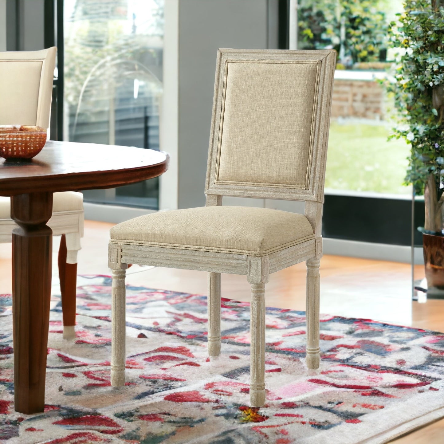 Set of Two Beige and Brown Upholstered Linen Dining Side Chairs