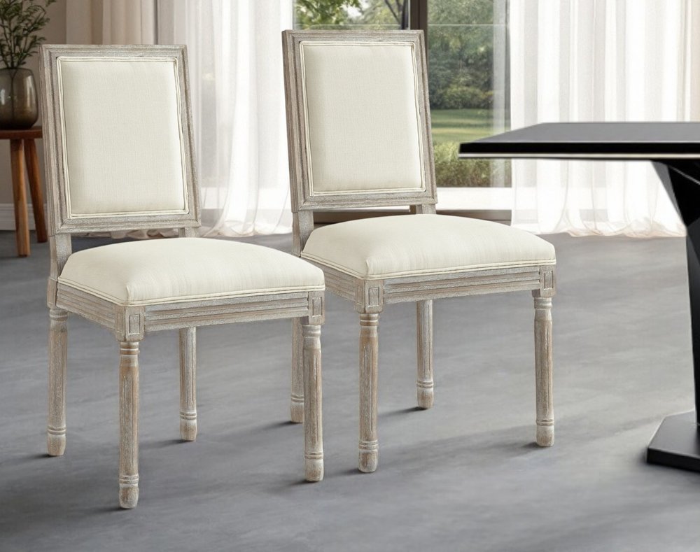 Set of Two Beige and Brown Upholstered Linen Dining Side Chairs