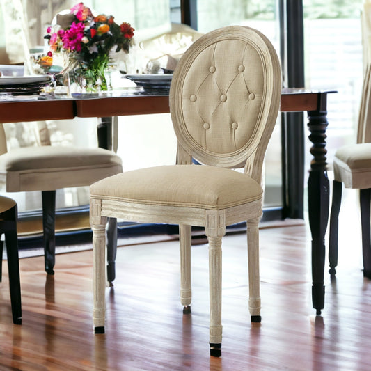 Tufted Beige and Brown Upholstered Linen Dining Side Chair